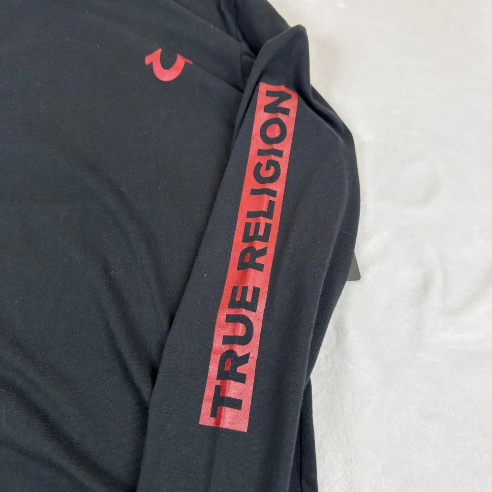 New True Religion Mens Long Sleeve Sidebar Tee Black Red Buddha 107818 Large